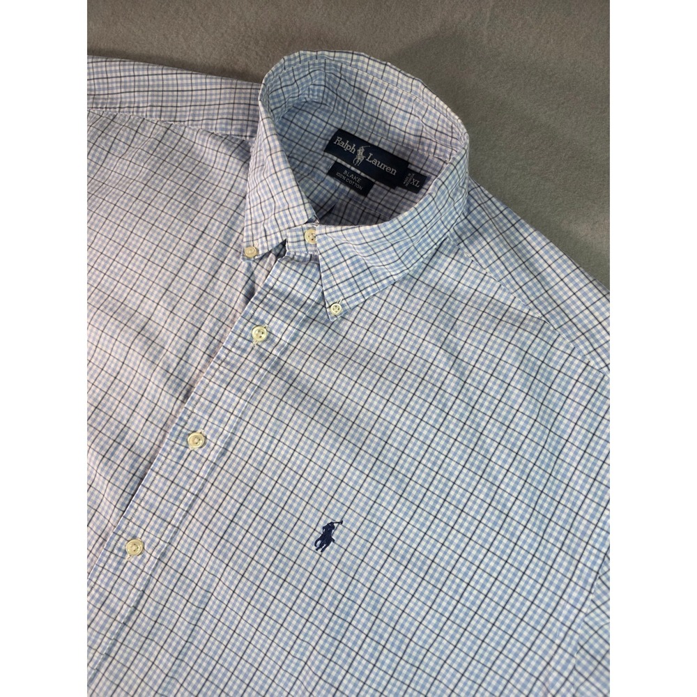 Ralph Lauren Blake Shirt Mens XL Blue White Plaid Cotton Short Sleeve